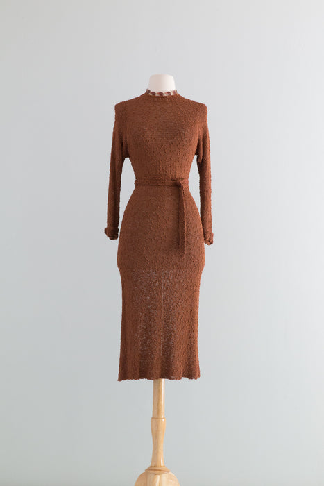 Classic 1930's Chocolate Nubby Knit Dress / SM