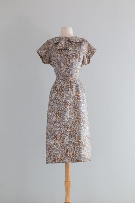 Elegant 1950's Sophie Gimbel Silk Day Dress With Abstract Pattern / ML