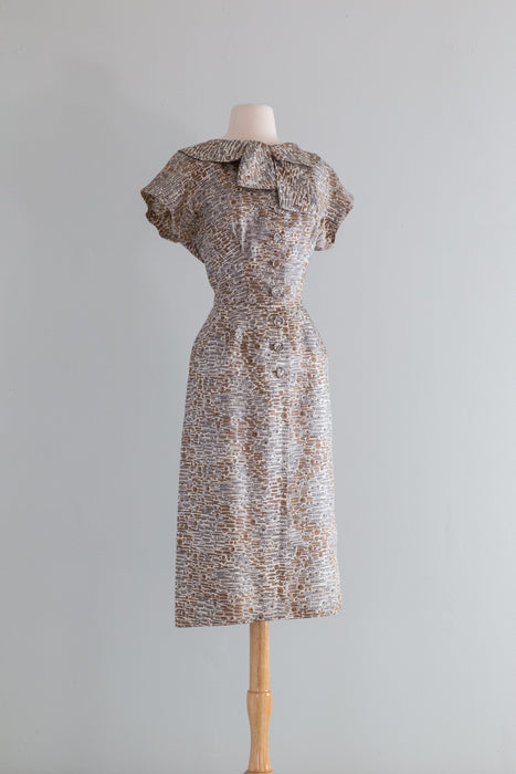 Elegant 1950's Sophie Gimbel Silk Day Dress With Abstract Pattern / ML