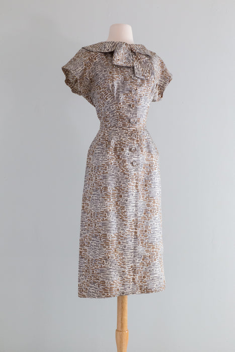 Elegant 1950's Sophie Gimbel Silk Day Dress With Abstract Pattern / ML