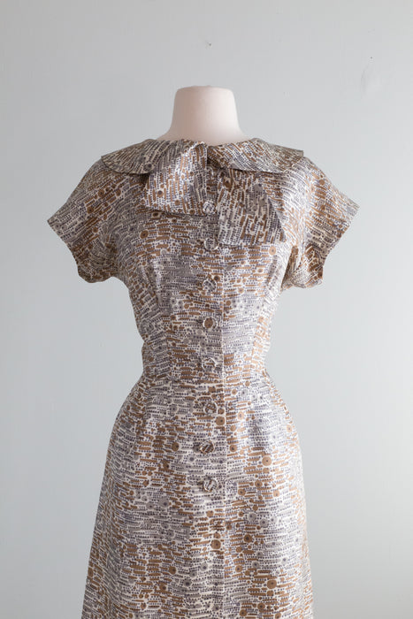 Elegant 1950's Sophie Gimbel Silk Day Dress With Abstract Pattern / ML