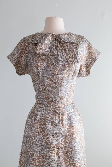 Elegant 1950's Sophie Gimbel Silk Day Dress With Abstract Pattern / ML