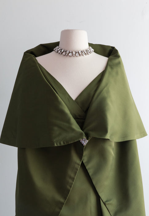 Elegant 1950's Olive Green Cocktail Dress & Jacket / Small