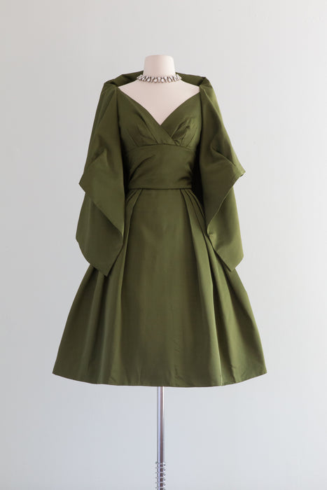 Elegant 1950's Olive Green Cocktail Dress & Jacket / Small