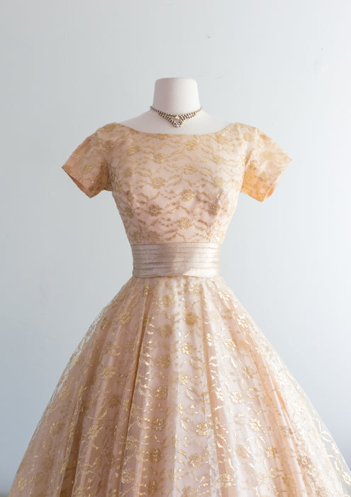 Fabulous 1950's Gold Shimmering Lace Party Dress By Jonny Herbert / Waist 25"