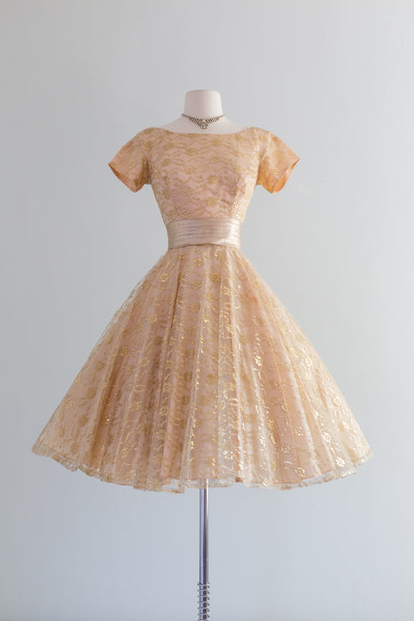 Fabulous 1950's Gold Shimmering Lace Party Dress By Jonny Herbert / Waist 25"