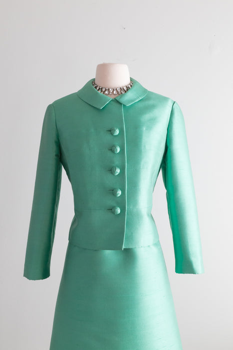 Sophisticated 1960's Shantung Silk Dress & Jacket in Bottle Green / Med