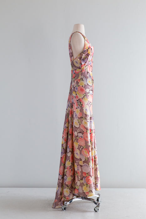 Spectacular 1930's Floral Print Satin Evening Gown With Train / Small