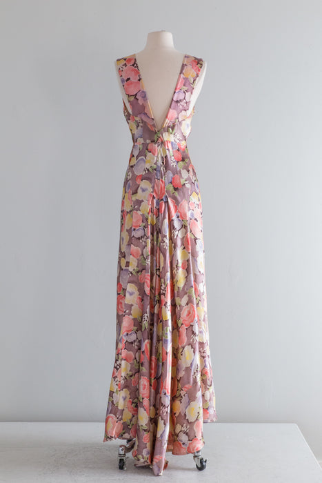 Spectacular 1930's Floral Print Satin Evening Gown With Train / Small