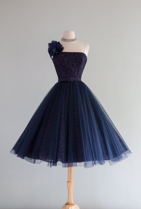 Stunning 1950's Midnight Blue Lace Party Dress / Waist 26"