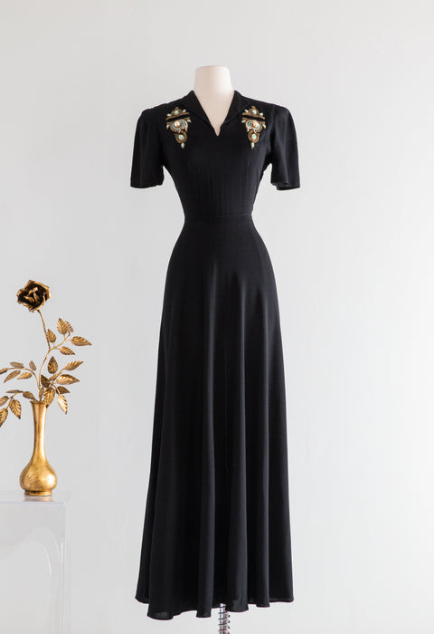 Iconic 1940's Black Rayon Crepe Evening Gown With Embellished Pockets // Medium