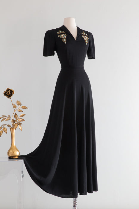 Iconic 1940's Black Rayon Crepe Evening Gown With Embellished Pockets // Medium