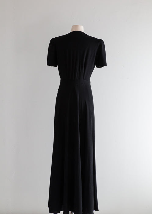 Iconic 1940's Black Rayon Crepe Evening Gown With Embellished Pockets // Medium