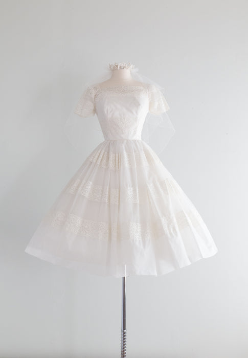 Darling 1950's Tea Length Wedding Dress and Veil / Waist 26"
