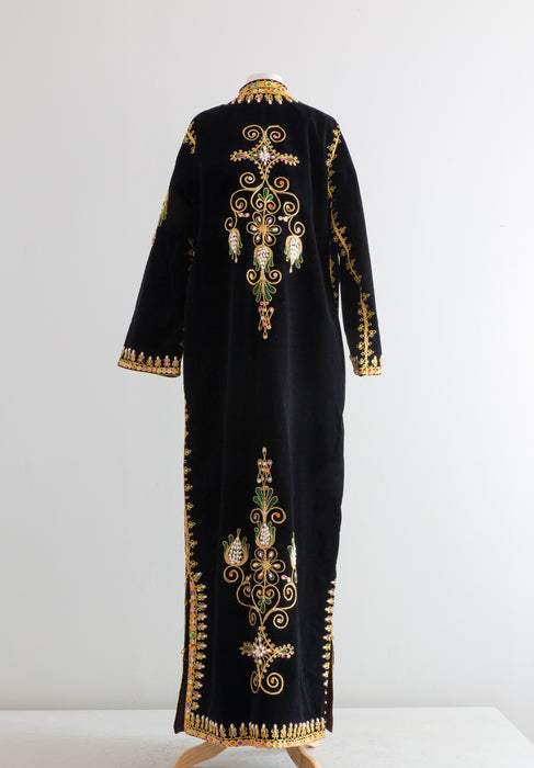Vintage 1960's Embroidered Velvet Moroccan Velvet Kaftan Maxi Coat / Large