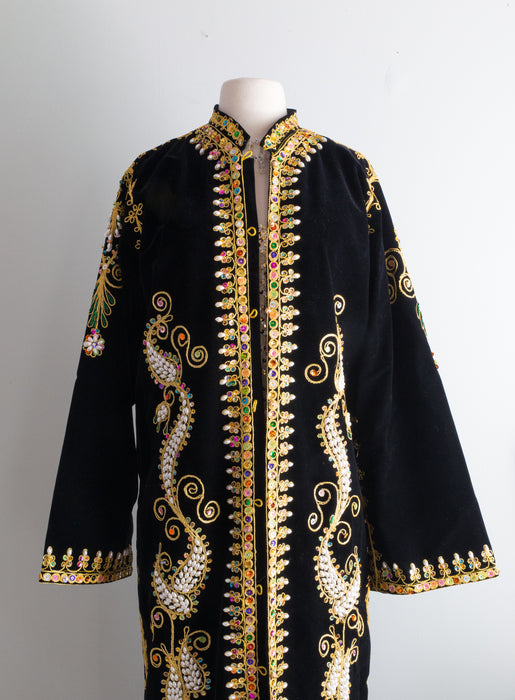 Vintage 1960's Embroidered Velvet Moroccan Velvet Kaftan Maxi Coat / Large