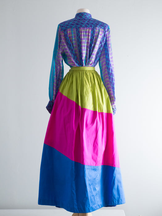Fabulous 1980's Color Block Silk Skirt By Marisa Mone / Waist 30"