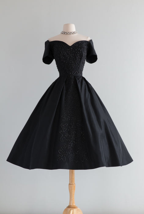 Spectacular 1950's Black Taffeta Party Dress With Beading / Waist 28