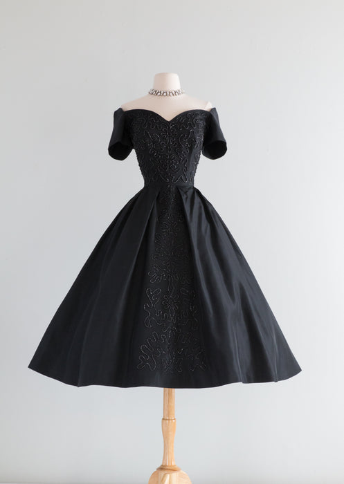 Spectacular 1950's Black Taffeta Party Dress With Beading / Waist 28