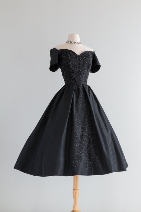 Spectacular 1950's Black Taffeta Party Dress With Beading / Waist 28