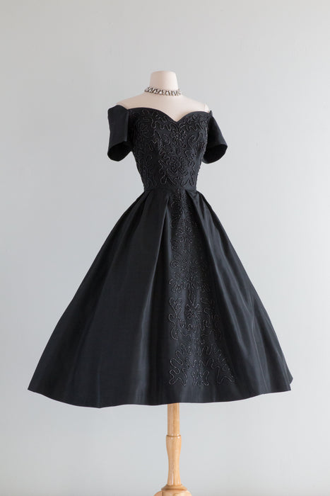 Spectacular 1950's Black Taffeta Party Dress With Beading / Waist 28