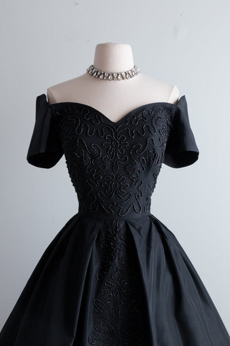 Spectacular 1950's Black Taffeta Party Dress With Beading / Waist 28