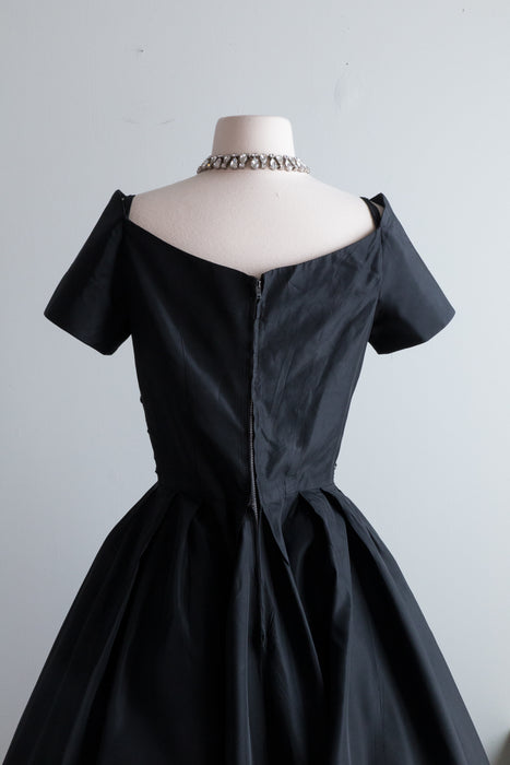 Spectacular 1950's Black Taffeta Party Dress With Beading / Waist 28