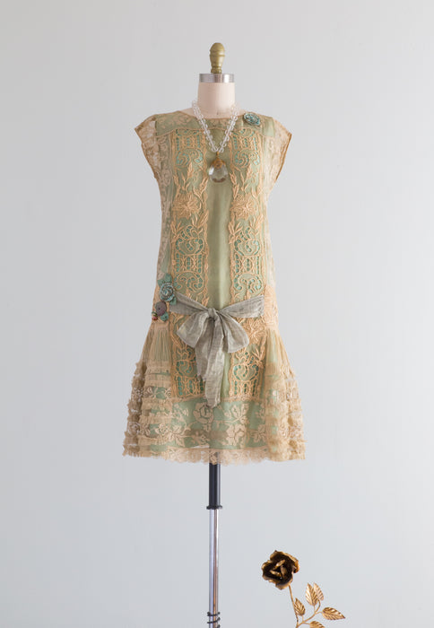 Exquisite 1920's Absinthe Green Silk Embroidered Net Dress / XS