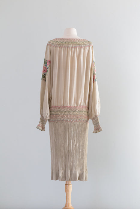 Rare 1920's Embroidered Hungarian Silk Peasant Dress With Crystal Pleated Skirt / Med.
