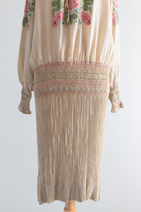 Rare 1920's Embroidered Hungarian Silk Peasant Dress With Crystal Pleated Skirt / Med.