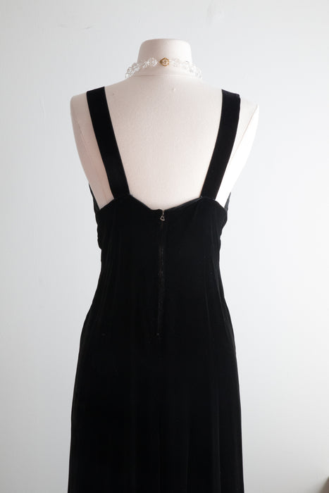 Elegant 1930's Black Silk Velvet Madame X Evening Gown / Sm