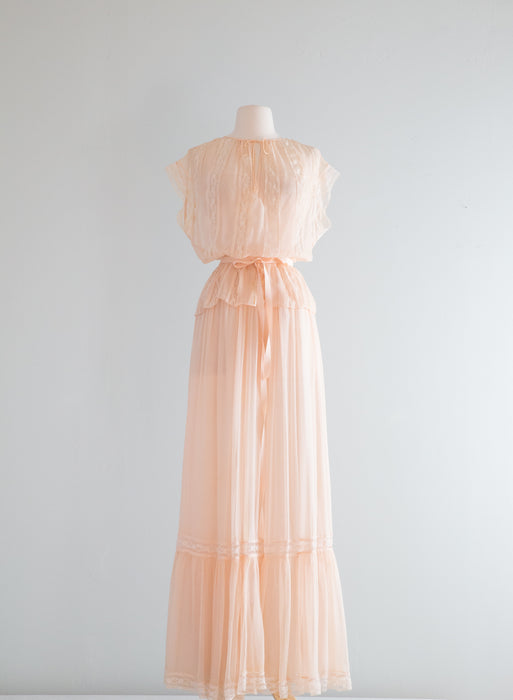 Ethereal 1970's Oscar de la Renta Peach Silk Chiffon Dress Set / Small