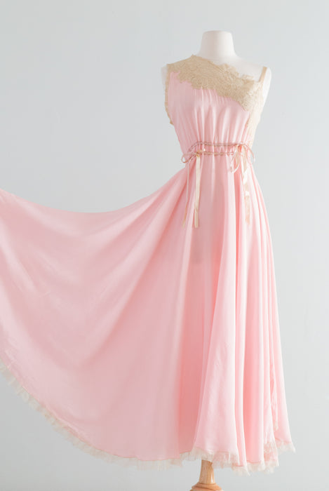 Early 1930's Peony Pink Silk Night Gown With Antique Lace / SM