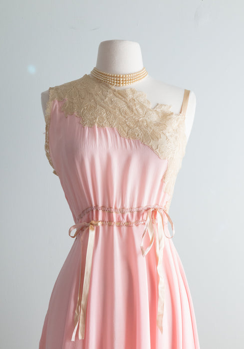 Early 1930's Peony Pink Silk Night Gown With Antique Lace / SM