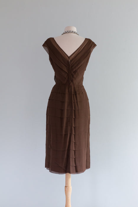 Vintage 1950's Cocoa Silk Chiffon Tiered Cocktail Dress By Ira Rentner / Small