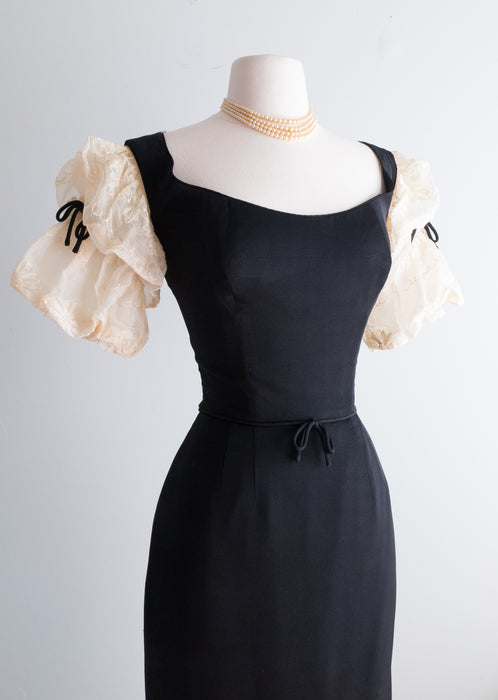Fabulous 1950's Black Silk Wiggle Dress With Embroidered Organdy Sleeves / Med.
