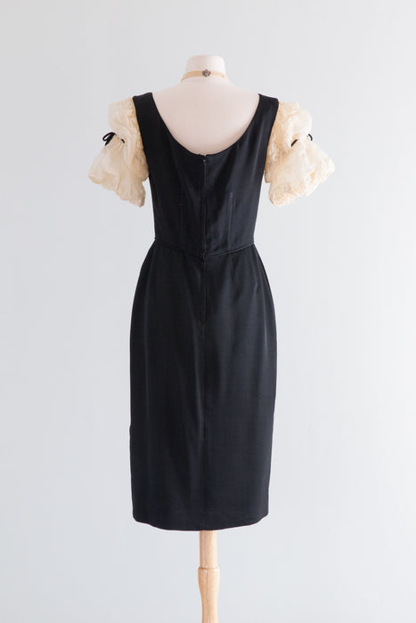Fabulous 1950's Black Silk Wiggle Dress With Embroidered Organdy Sleeves / Med.