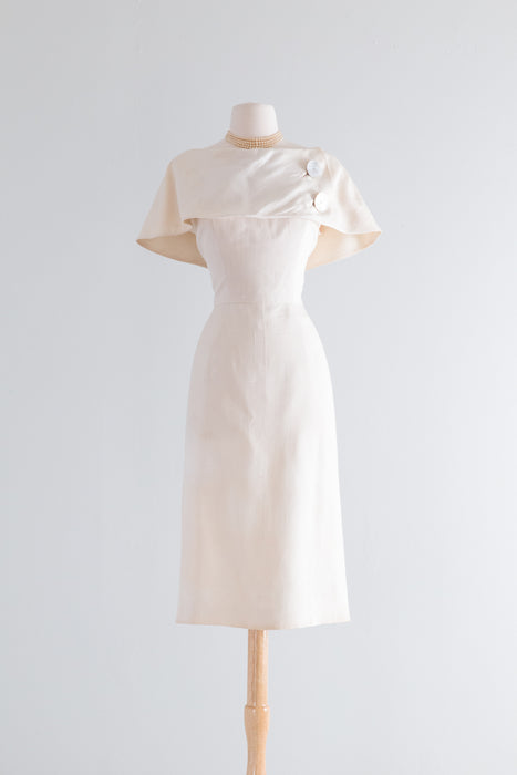 Elegant 1950's Ivory Silk Cocktail Dress With Dramatic Shawl Collar / Medium