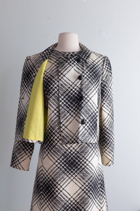 Ultra Chic 1960's Two Piece Silk Houndstooth Dress and Jacket Set From Saks / ML