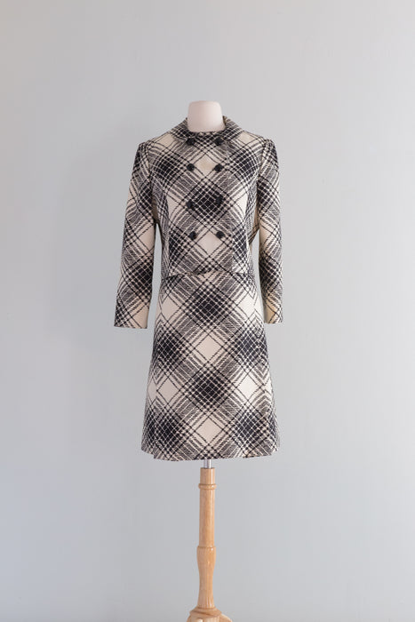 Ultra Chic 1960's Two Piece Silk Houndstooth Dress and Jacket Set From Saks / ML