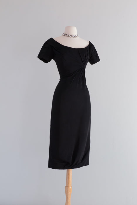 Iconic 1950's Black Silk Crepe Cocktail Dress By Ceil Chapman / Waist 30