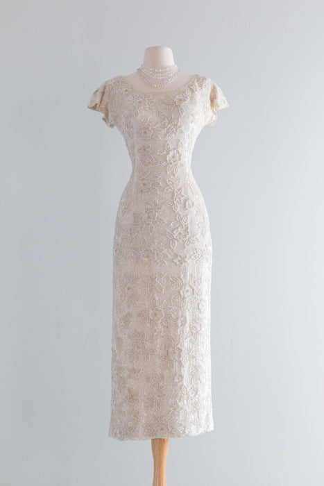 Early 1960's Ivory Heavily Beaded Hourglass Evening Gown / SM
