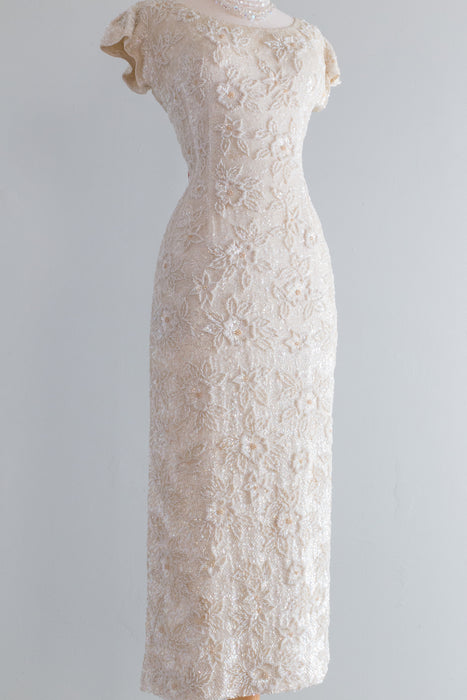 Early 1960's Ivory Heavily Beaded Hourglass Evening Gown / SM
