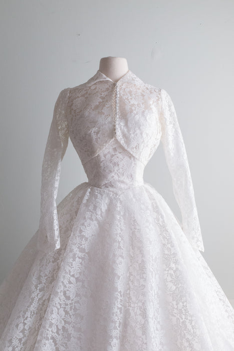 Stunning 1950's Tea Length Scalloped Lace Wedding Dress With Jacket and Veil / Small