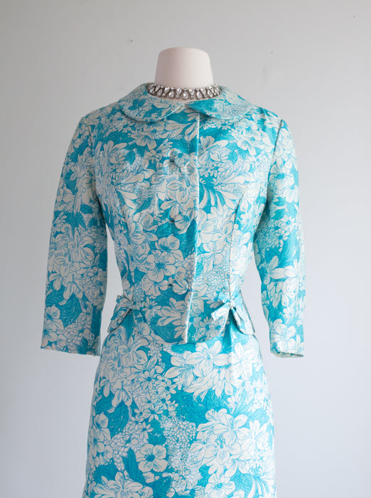 Elegant Early 1960's Tiffany Blue Silk Floral Dress & Jacket Set / Medium