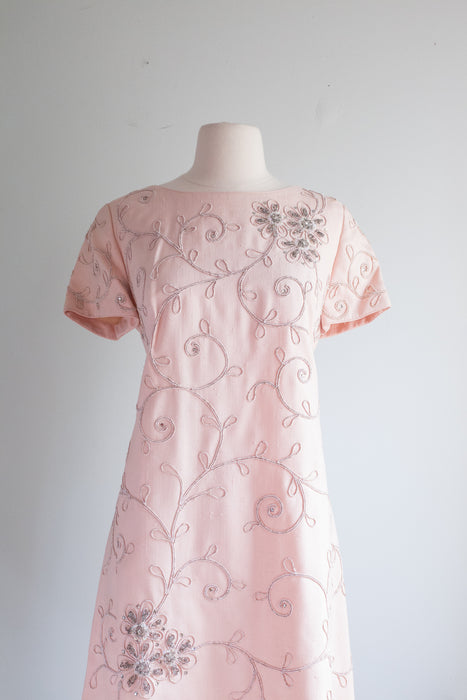 Elegant 1960's Pale Pink Silk Cocktail Dress With Beading and Embroidery / ML