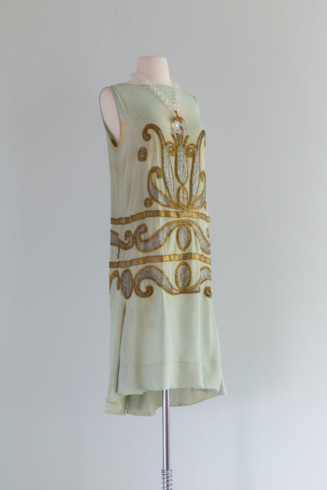 Exquisite 1920's Absinthe Green Silk Beaded Flapper Dress AS-IS / SM