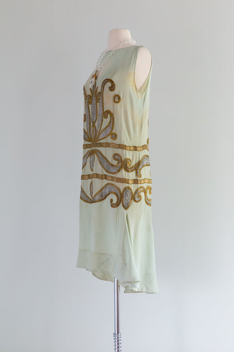 Exquisite 1920's Absinthe Green Silk Beaded Flapper Dress AS-IS / SM