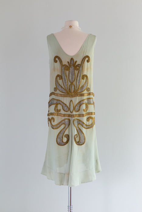 Exquisite 1920's Absinthe Green Silk Beaded Flapper Dress AS-IS / SM