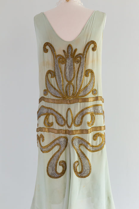 Exquisite 1920's Absinthe Green Silk Beaded Flapper Dress AS-IS / SM